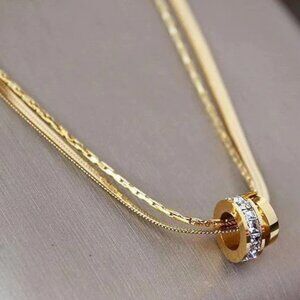18k Gold Plated Stainless Steel Double Chain Zircon Ring Pendant Necklace